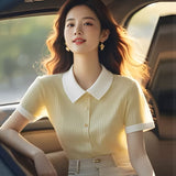 Ice Silk Polo Collar Knitted Shirt For Women 2025 Summer New Commuter Shoulder Short-Sleeved T-Shirt Euro