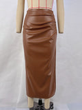 Zingj Women's 2024 New Solid Color PU High Waist Pleated Slit Skirt Women's