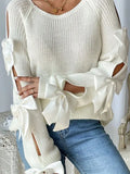 Autumn New French Round-Neck Bow Decorated Long-Sleeved Loose Knitted Jacket Sweater