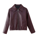 Women's ZA Autumn And Winter New Street Fashion Collar Long-Sleeved Leather Jacket