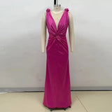 Pink Satin Deep Neck Pleated Maxi Dress- Outfit