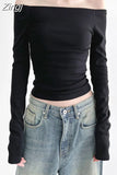 Casual Off Shoulder Top Black Skinny Basic Women's T-shirts Solid Slim Korean Fashion Gothic Tees Slash Neck