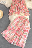 Floral Printed Two Piece Set Spring Autumn V-Neck Ruffle Draped Flare Sleeve Chiffon Blouse+High Waist Pleated Skirt