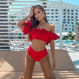 2025 New Lotus-Side High-Waisted Bikini Bikini Solid-Colored Shoulder-Print