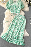 Women Polka Dot Chiffon Two Piece Set Vintage V-Neck Bandage Short Tops + High Waist Mermaid Skirt 2Pcs Suits New