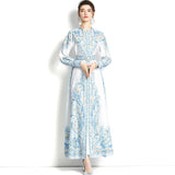 And Autumn Dress Retro Court Style Lapl Lantern Sleeve Print Dress Women's Single Buckle Large A-Word Over Knee