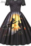 Dress Christmas Costume Women Lace Short Sleeve Hight Waist Vintage Evening Party Prom Casual