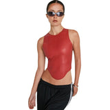 Zingj Women's Wear 2024 New Leather Simple Hottie Style Round Collar Sleeveless Irregular Hem Jacket Small Vest