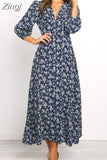 Women Chiffon Long Dress Floral Print Lantern Sleeve A-line Maxi Vestidos Autumn New Elegant Vintage V Neck Winter