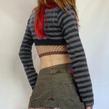 Women's Hottie Style Stripe Bumpy Body-Clamy Short U-Neck Buckle Long-Sleeved T-Shirt