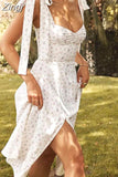Print Spaghetti Strap Split Dress Women Summer V-neck Backless Party Beach Dress Robe