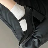 Mary Jane High Heels Retro With Pointed Single Shoes Women's Autumn And Winter Black Coarse Leather