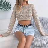 And Summer Solid Color Hollow Horn Sleeve Leisure Loose Knitted Shirt Holiday Umbilly Tops Women's
