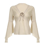 Cloth Forgets The Ancient Wild Folk Style V Tie With Horn Long-Sleeved Top Knitted