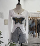 Real Shooting Pure Sexful V-Neck Umbilly T-Shirt Female Hairy Denim Butterfly Embroidered Mesh Yarn Long Sleeve Top