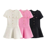 Women's New Pocket Round-Neck Texture Short-Sleeved Dress
