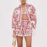 Women's Home Shorts Print Cardigan Nine-Sleeve Loose Bat Sleeve Shirt
