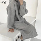 Sleeve Dress Women Simple AestheticWinter Hooded Basic Korean Style Draw String Thicker Harajuku Chic Preppy