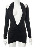 Sexy Hollow Deep V Neck Ruched Mini Dress Women Long Sleeve Backless Party Clubwear Lady Vestidos Mujer