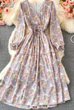 Autumn Women Floral Chiffon Midi Dress Vintage V-Neck Flare Long Sleeve High Waist A-Line Vestidos Female New