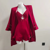 Pajamas Female Summer Lace Breast Pad Sling Ajaskirt Pajamas Set Bride Red Ice Silk