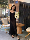 Xixi 2025 Spring New Korean Version High Waisted Elegant Suspension Dress V-Neck Solid Color Pure Desired Skirt