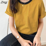 Woman Casual Short-sleeve Striped Ladies Streetwear Trendy Korean Style Simple Daily Summer Ins Retro All-match