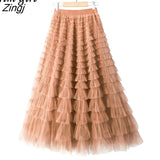 Tulle Long Skirts Womens Spring Summer Korean Style Solid High Waist A-Line Tutu Skirt Female Mesh Pleated Maxi