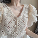 Women Sweet Floral Hollow Out Design Chic Popular Summer All-match Girls Blusas Top Lovely Vintage Basic Womens