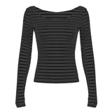 Cloth Forgets The Oblique Shoulder Stripes Thin Slim Long-Sleeved T-Shirt Sexy Bare Shoulders Simple Thin Casual