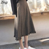 Plaid Woolen Skirt Women Long Elegant Houndstooth Tassel Pleated Skirt Female Harajuku High Waist Loose Midi Skirt