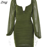 Backless Pleated Dress Women New Year 2023 Elegant Casual Solid Double Layer Mesh Mini Evening Dresses Female