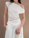 Desire Girl Wind Thin Slim See One Shoulder Design Ribbon Short-Sleeved Top Babes Reduce Age Thin One-On-Wear