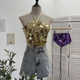 Industry Bling Bling Glide Hanging Neck Sling Vest One-Style Wrapping Tie With Large Bare Back Blouse