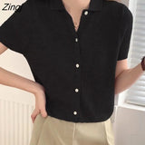 Women T-shirts Summer Solid Simple Trendy Korean Style Knitted Short Sleeve Turn-down Collar Single Breasted All-match