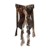 Shooting Retro Shoulder Tie-Dye Net Horn Long-Sleeved T-Shirt Irregular Lotus Leaf Side Ribbon Y2k Top
