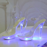 Zingj 34-43 Sexy Super High Heels Luminous Thin Heel Waterproof Platform Sandal Transparent Model Crystal Shoes Wedding