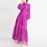 High-Level Elegant Lotus Leafy Dress 2025 Summer New Standing Collar Long Sleeves To Close The Waist Thin Hollow Dress Woman