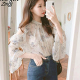 Off Shoulder Floral Blouses Women Summer Elegant Office Lady Chiffon Shirt Korean Fashion Long Sleeve Tops Blusas