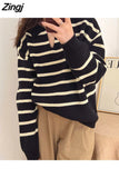 Winter Women's Sweater 2023 Trend Warm Knitted Striped Sweater V Neck Jumper with Collar Oversize Polo Sweater for