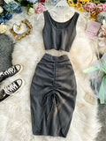 Summer Women 2pcs Set Black/Red Vintage Round Neck Knitted Short Tops + Drawstring Bodycon Skirt Female Two Piece Set