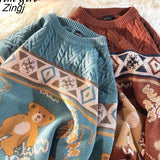 Vintage Bear Sweater Women Harajuku Kawaii Loose Oversized Knitted Pullover Men High Street Couple Sweaters Casual