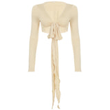 2025 New Fashion Spice Girls Solid Color Sexy V Tie With Supple Short-Anxed Long-Sleeved Shirt