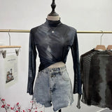 Shooting Wave Side Half-High Collar Net Yarn Dyed Long Sleeve Thin Inside The Bottom Shirt Autumn And Winter Folded T-Shirt