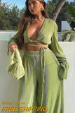 Sexy Green Pants Set Women Casual Loose Bandage Blouses Shirt Matching Wide Leg Trousers Suit Elegant 2 Piece Pant