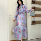 2025 New Long-Sleeved Heavyweight Bow Long Print Chiffon Sweet Dress Seaside
