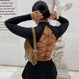 Zingj Summer Collar Sexy Women's Strap Open Back Long Sleeve Elastic Slim Shirt
