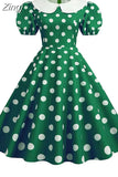 Women Summer Dress Puff Short Sleeve Polka Dot Peter pan Collar Vintage A-line Midi Long Party Sundress Robe