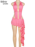 Trend Tassel Mini Dresses Women Sleeveless Backless Halter Deep V-Neck Bodycon Skirts Female Vacation Party