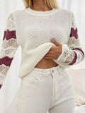 And Winter New Sweater Women's Knitted Stripes Hit The Hollow Sleeve Round Collar